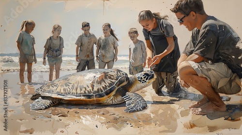 Drawing of a group of people releasing a sea turtle back into the ocean Coastal setting Soft, natural colors Emphasis on harmony and nature photo
