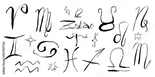 Quirky zodiac signs set, horoscope icons with stars in black color and white, vector illustration