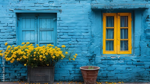 Vibrant blue wall with yellow windows and flowers on facade of historic European architecture showcasing colorful contrast and intricate brickwork in urban scene perfect for design and decoration