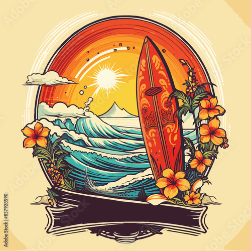 Hawaiian style surf club and surf school design. Retro vintage label.