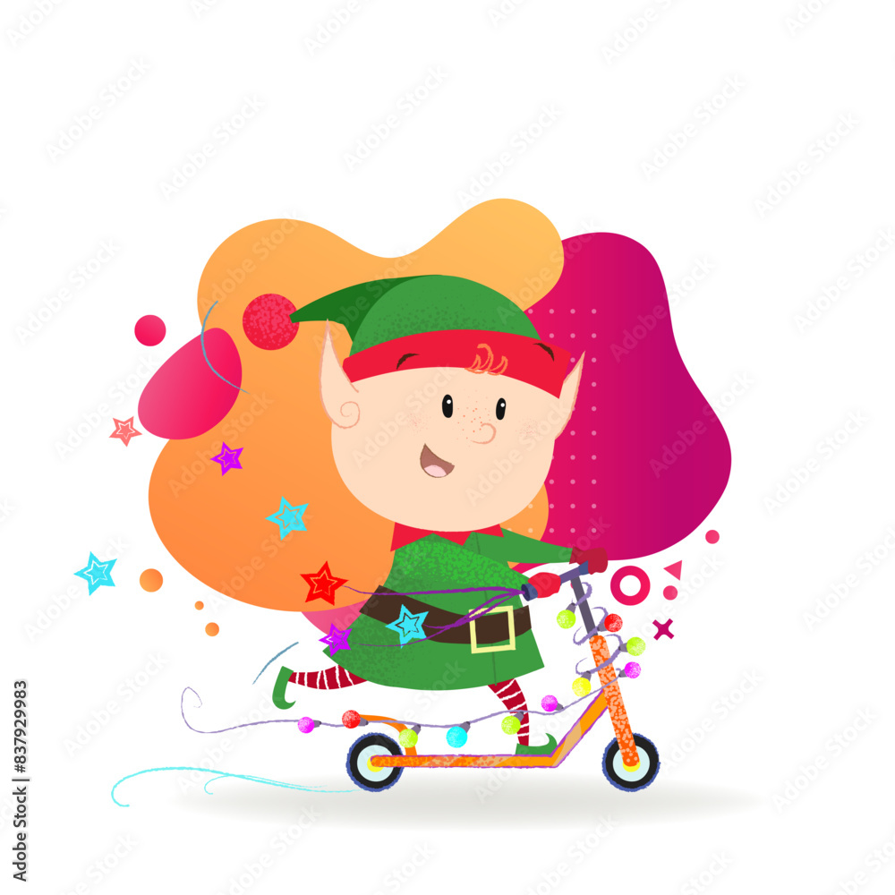 Cheerful elf riding on scooter. Character, fairy, fun. Can be used for topics like transportation, holiday, entertainment Cheerful elf riding on scooter. Character, fairy, fun. Can be used for topics like transportation, holiday, entertainment