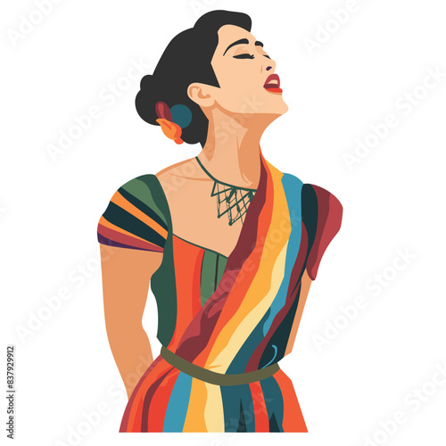 Woman singing passionately, wearing colorful striped dress, closed eyes, expression musical performance. Latina female performer, red lipstick, detailed hairstyle, vibrant fashion, singing concept