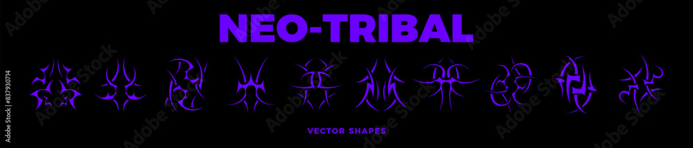 Neo tribal design elements collection. Gothic style shapes pack. Y2K shapes for streetwear, album covers, tattoo, techno rave party, etc. Set of acid neo tribal elements. Abstract vector Y2K signs.