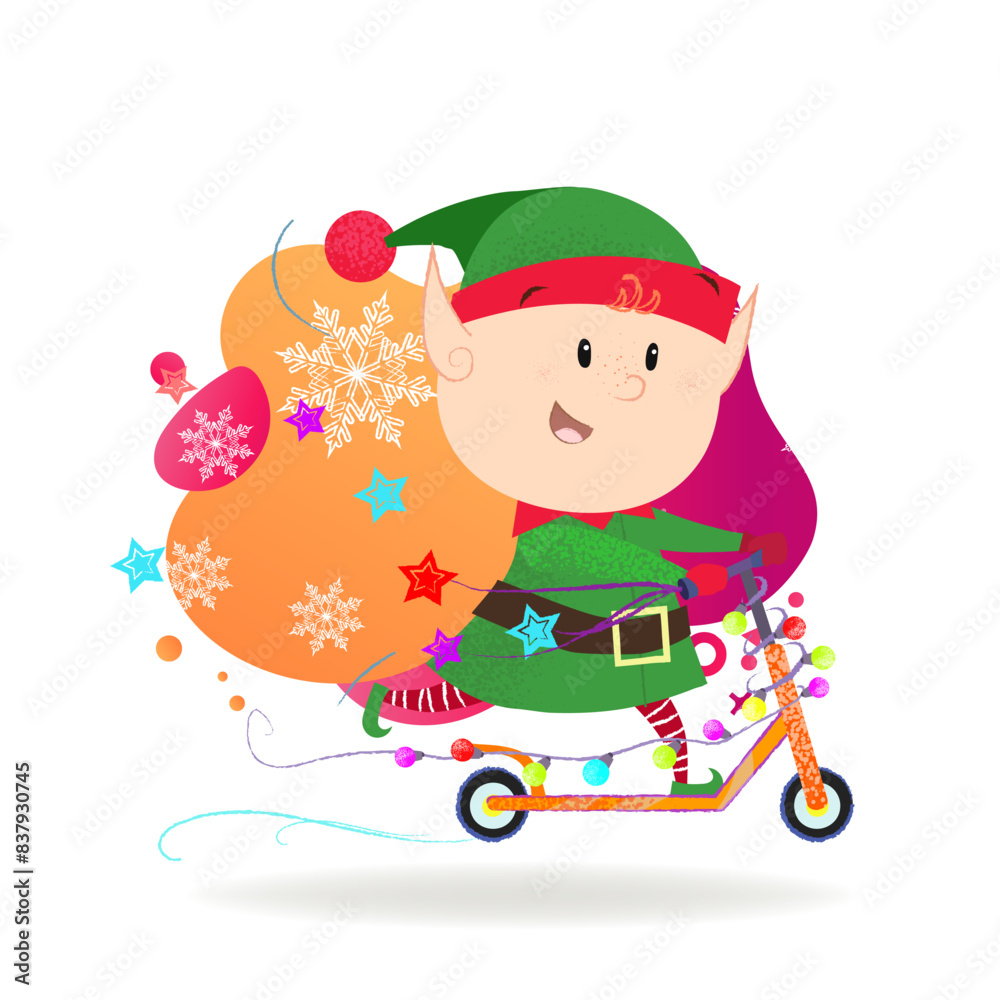 Cute elf riding on scooter. Character, fairy, fun. Can be used for topics like transportation, holiday, entertainment Cute elf riding on scooter. Character, fairy, fun. Can be used for topics like transportation, holiday, entertainment