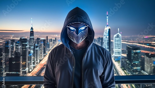 A hooded figure with a glowing mask overlooks a futuristic city at night, conveying an aura of mystery and power. photo