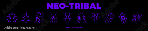 Obraz na płótnie Neo tribal design elements collection. Gothic style shapes pack. Y2K shapes for streetwear, album covers, tattoo, techno rave party, etc. Set of acid neo tribal elements. Abstract vector Y2K signs. w salonie