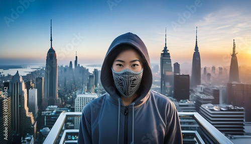 A hooded figure with a glowing mask overlooks a futuristic city at night, conveying an aura of mystery and power.