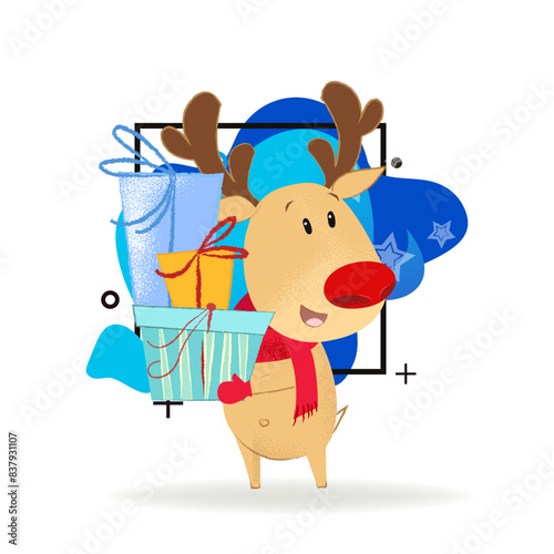 Cute reindeer taking selfie photo. New Year Day design element. For greeting cards, leaflets, brochures, invitations, posters or banners.