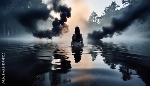 A woman in a flowing robe wades into a misty lake, her silhouette framed by a sunrise shrouded in fog. This ethereal scene evokes themes of mystery, spirituality, and a journey into the unknown. photo