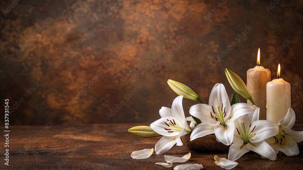 Fototapeta premium beautiful white lilies and burning candles arranged on a table, set against a softly blurred background, offering a serene and elegant ambiance with ample space available for text placement.