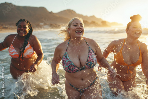 Three plus-size women wearing beachwear, running along the shore on an early morning by the sea in summer. © mafsdisseny
