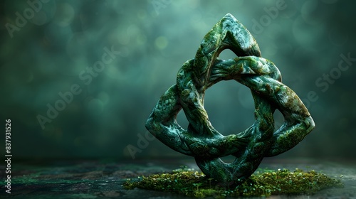 Enigmatic Verdigris Celtic Knot Sculpture on Mossy Surface with Ethereal Bokeh Background Highlighting Intricate Details and Textures of the Interwoven Bronze Artistic Piece with Ancient Symbolism