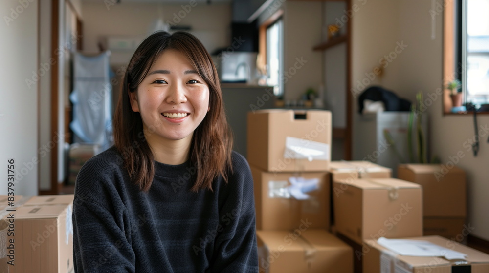引っ越しの準備をしている若い女性 段ボール 引っ越しの準備をしている若い女性 段ボール