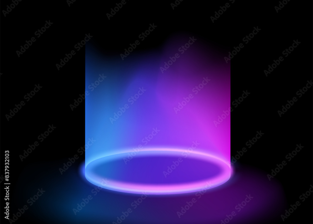 Magical sci-fi portal shrouded in haze. Round light frame, futuristic teleporter. light effect. Neon lights illuminate night scene with glitter on black background. Light effect of an empty podium Magical sci-fi portal shrouded in haze. Round light frame, futuristic teleporter. light effect. Neon lights illuminate night scene with glitter on black background. Light effect of an empty podium