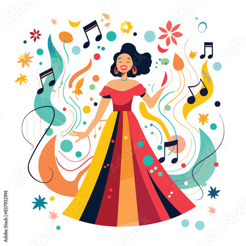 African woman singing joyfully surrounded musical notes, vibrant dress, happy. Celebrating music culture colorful abstract background swirls. Singer traditional attire performing