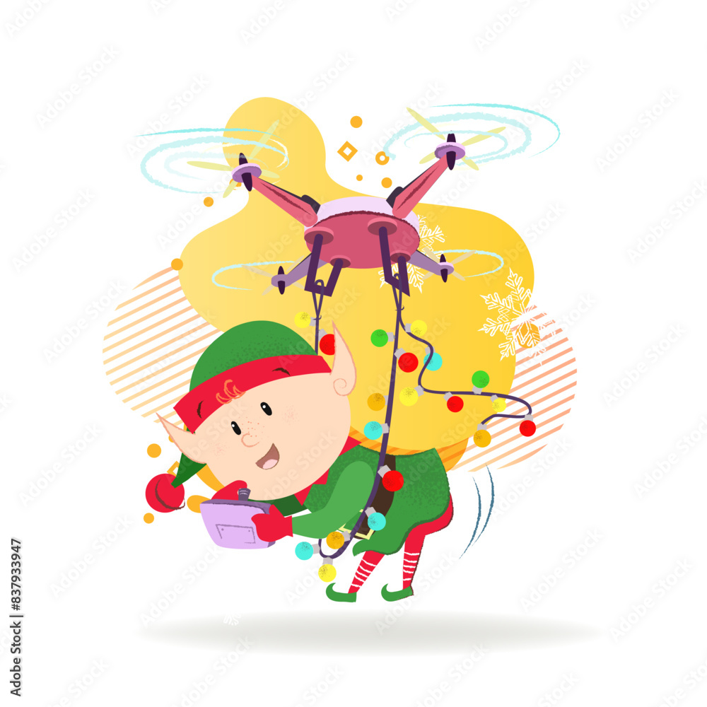 Elf with digital tablet tied to quad copter with xmas lights. Vector illustration of cartoon element on blue background. Christmas delivery, event, character. Can be used for postcard, poster, leaflet Elf with digital tablet tied to quad copter with xmas lights. Vector illustration of cartoon element on blue background. Christmas delivery, event, character. Can be used for postcard, poster, leaflet