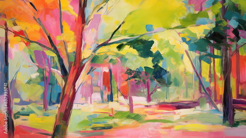 Expressionist art colorful summer forest landscape