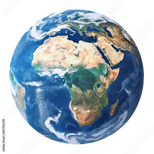 Fototapeta Naklejka Na Ścianę i Meble -  A top view of Earth, with the Asian and African continents in clear focus against a white background. 
