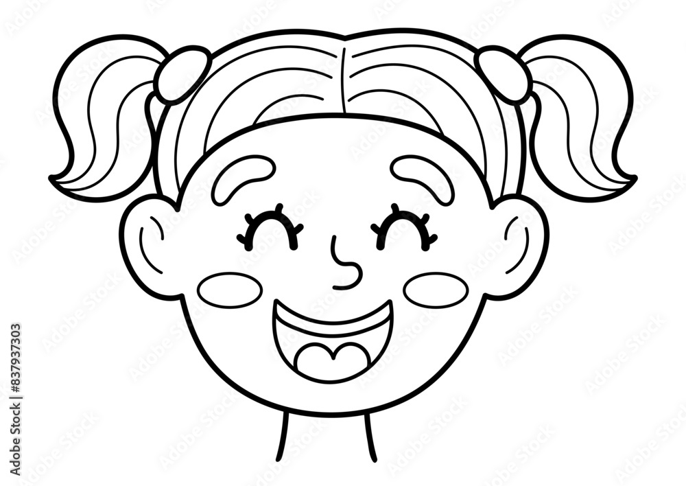 Happy girl face in black and white. Little kid smiling clipart in outline. Excited emotion. Emotional expression head close-up. Vector illustration Happy girl face in black and white. Little kid smiling clipart in outline. Excited emotion. Emotional expression head close-up. Vector illustration