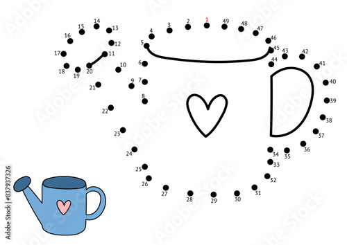 Dot to dot game for kids. Connect the dots and draw a watering can Farm puzzle activity page. Vector illustration
