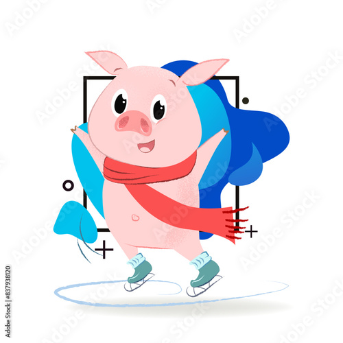 Cartoon pig on skating rink poster design. Illustration of piggy in red scarf on skating rink. Can be used for topics like Christmas, holiday, festival, cartoon