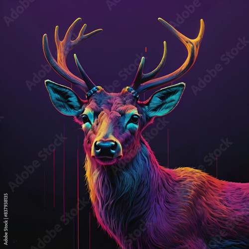 A multicolored neon deer's head is superimposed on a deep purple backdrop in this abstract picture   © Naila