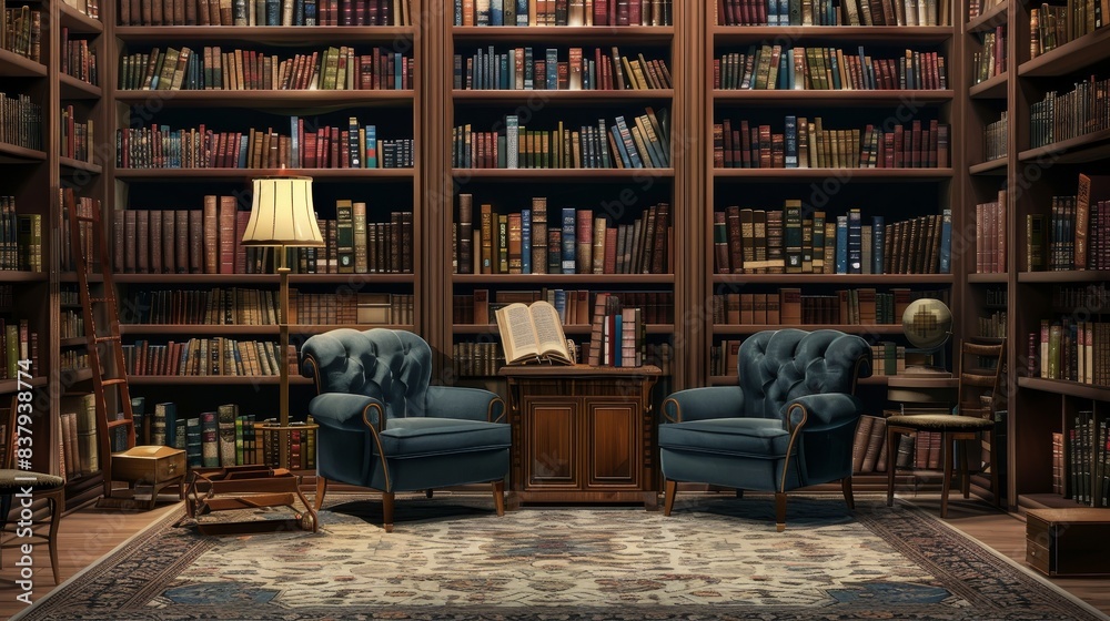 A library with two chairs and a table A library with two chairs and a table