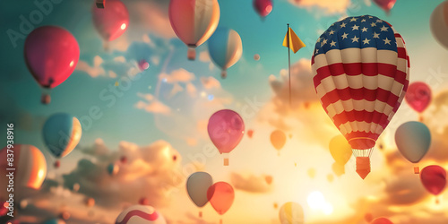 Colorful balloons flying at sunrise on the background of the USA flag background - Ai Generated © Muhammad