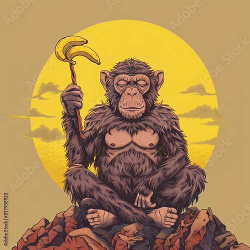 Meditating orangutan holding a banana in hand photo