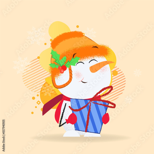 Smiling snowman postcard design. Drawing of snowman in orange hat and red scarf holding gift box. Can be used for topics like Christmas, holiday, festival, cartoon photo