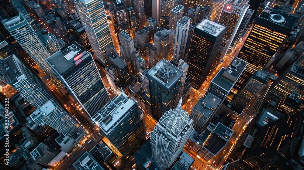 Fototapeta premium Aerial view of a modern city skyline with tall skyscrapers illuminated at night