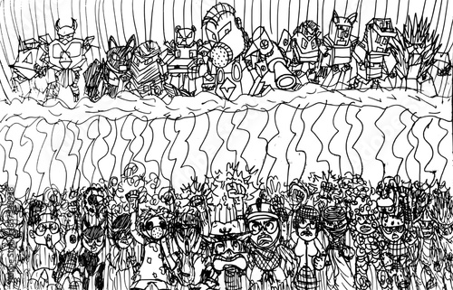 Hand drawing doodle of multi caricature characters in one frame.