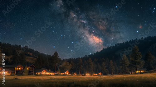 Starry night sky with Milky Way over ranch house. © xeionise