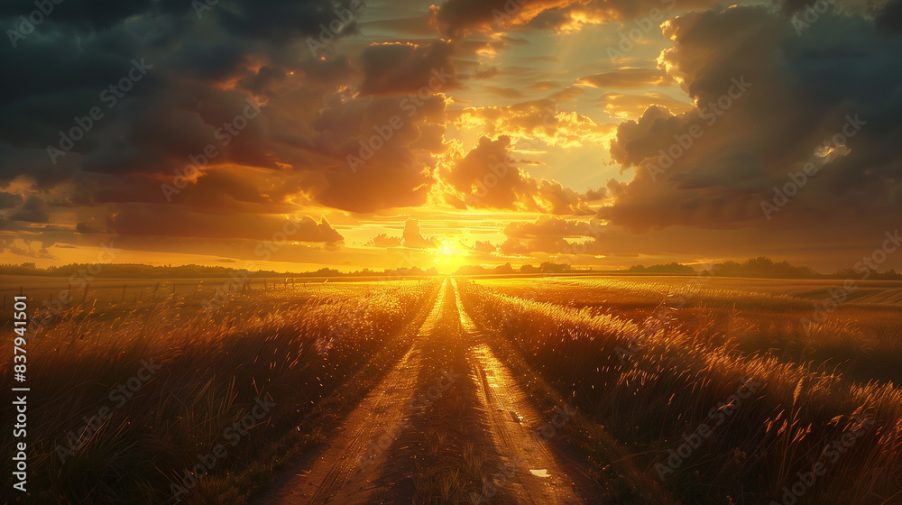 Dirt road winds through golden wheat field at sunset. Dirt road winds through golden wheat field at sunset.