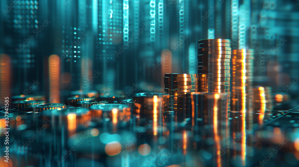 Stack of silver coins with binary code in background. Stack of silver coins with binary code in background.