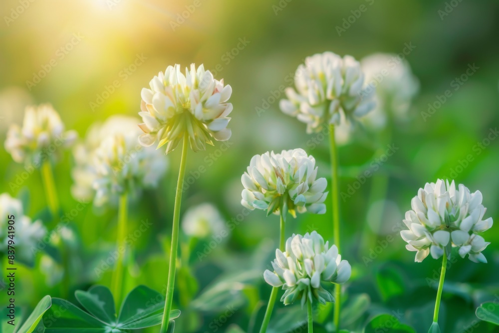 A close-up photograph of white clover flowers blooming in a lush green meadow, bathed in the warm glow of sunlight A close-up photograph of white clover flowers blooming in a lush green meadow, bathed in the warm glow of sunlight