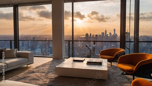 beautiful penthouse with orange furniture , beautiful view, sunset view, clam, peace, meditation, ai generated