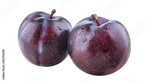 Two fresh dark purple plums isolated on transparent background
