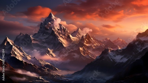 Panoramic view of a mountain range at sunset. 3D Rendering