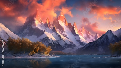 Panoramic view of the lake and mountains at sunset. Panoramic landscape. #837942759