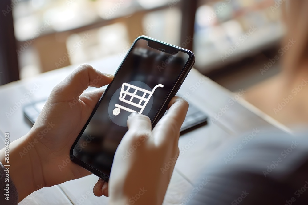 Person Using Smartphone to Check Out Online Shopping Cart on Mobile App or Website
