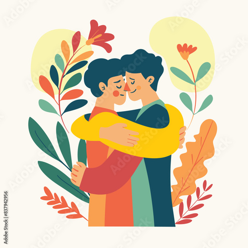 Two people hugging lovingly amidst natureinspired backdrop, individuals appear content, engaged affectionate embrace, encircled stylized foliage. Both characters display sense intimacy comfort