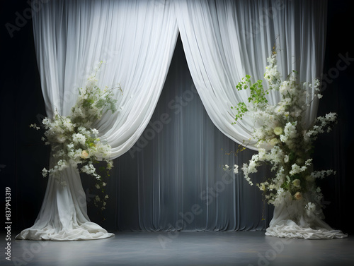 wedding stage decoration with flower, Luxury Wedding Arch with floral decorations, white backdrop with decorative flowers
