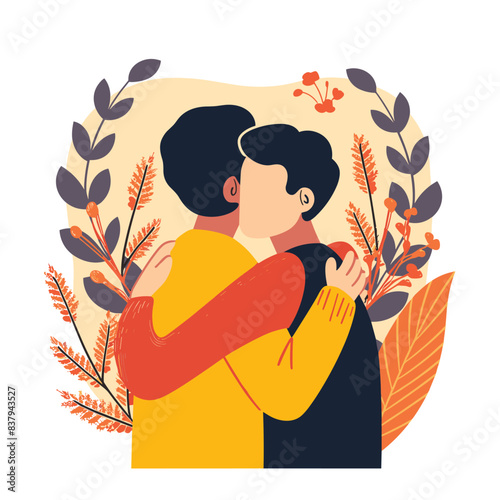 Two people embracing warmly, love friendship concept, floral background. Couple hugging, comforting embrace, autumn colors. Men expressing care affection, leaves branches motif