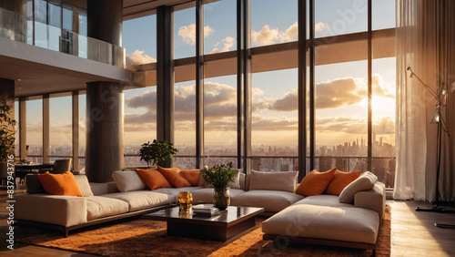 beautiful penthouse with orange furniture , beautiful view, sunset view, clam, peace, meditation, ai generated