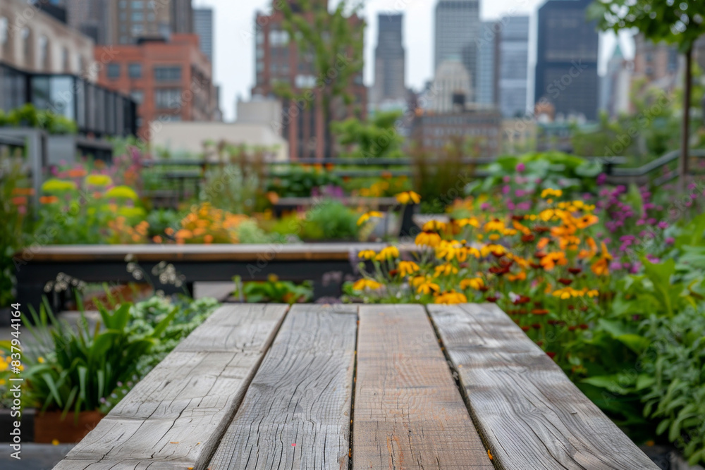 A wooden bench in the foreground with a blurred background of a rooftop garden. The background includes raised garden beds with flowers and vegetables, seating areas, and city skyline views. A wooden bench in the foreground with a blurred background of a rooftop garden. The background includes raised garden beds with flowers and vegetables, seating areas, and city skyline views.