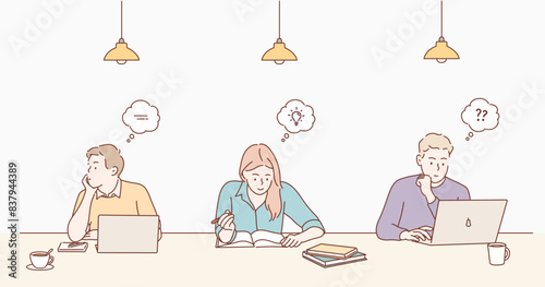 People studying at a study cafe. Hand drawn style vector design illustrations.