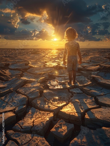 A child in a vast desert with cracked earth, dry and lifeless under the scorching sun, symbolizing climate change