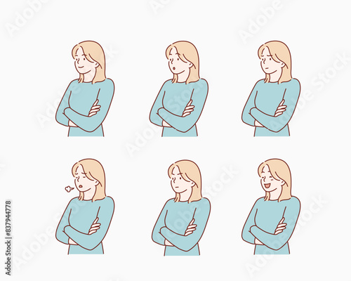 Set of woman's emotions. Facial expression. Hand drawn style vector design illustrations.