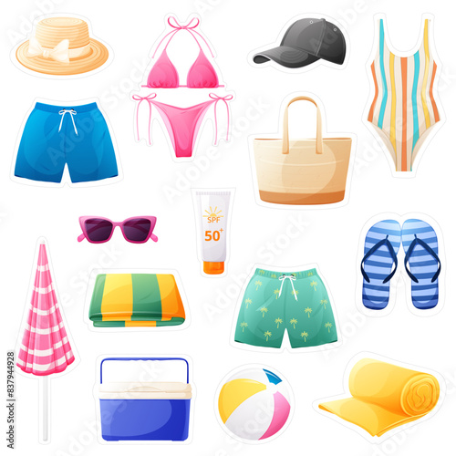 Set of colored summer stickers. Beach accessories and clothes